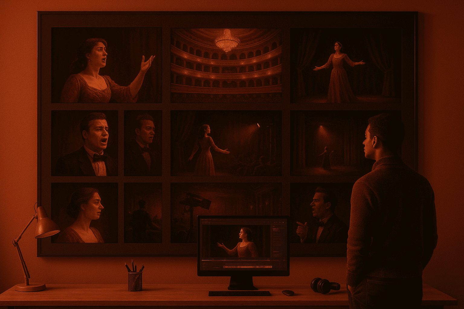 Man stands in a red-lit room looking at a 3x3 opera storyboard on the wall with a monitor below.