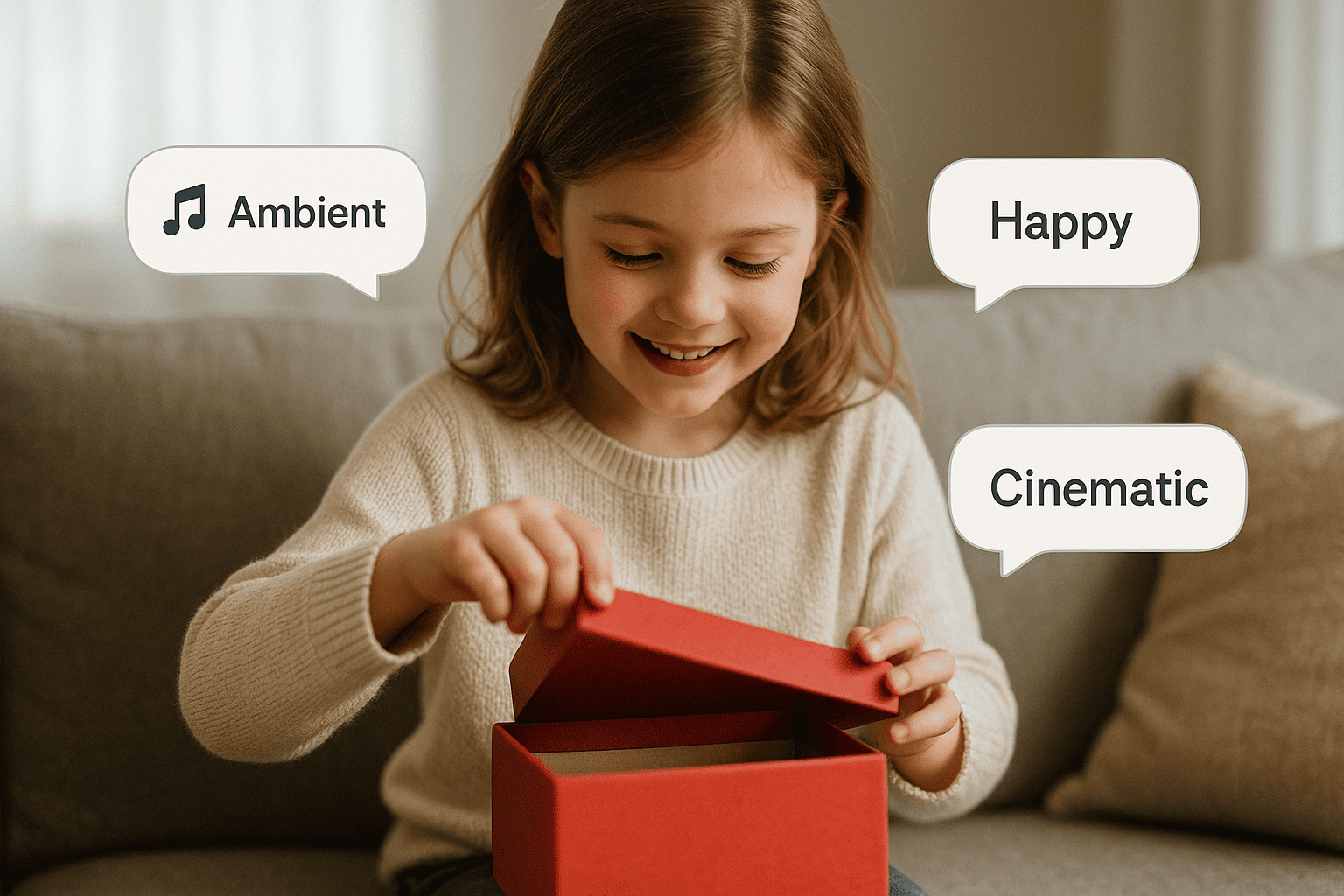 Young girl opens a red gift box on a sofa while music genre chat bubbles appear around her.