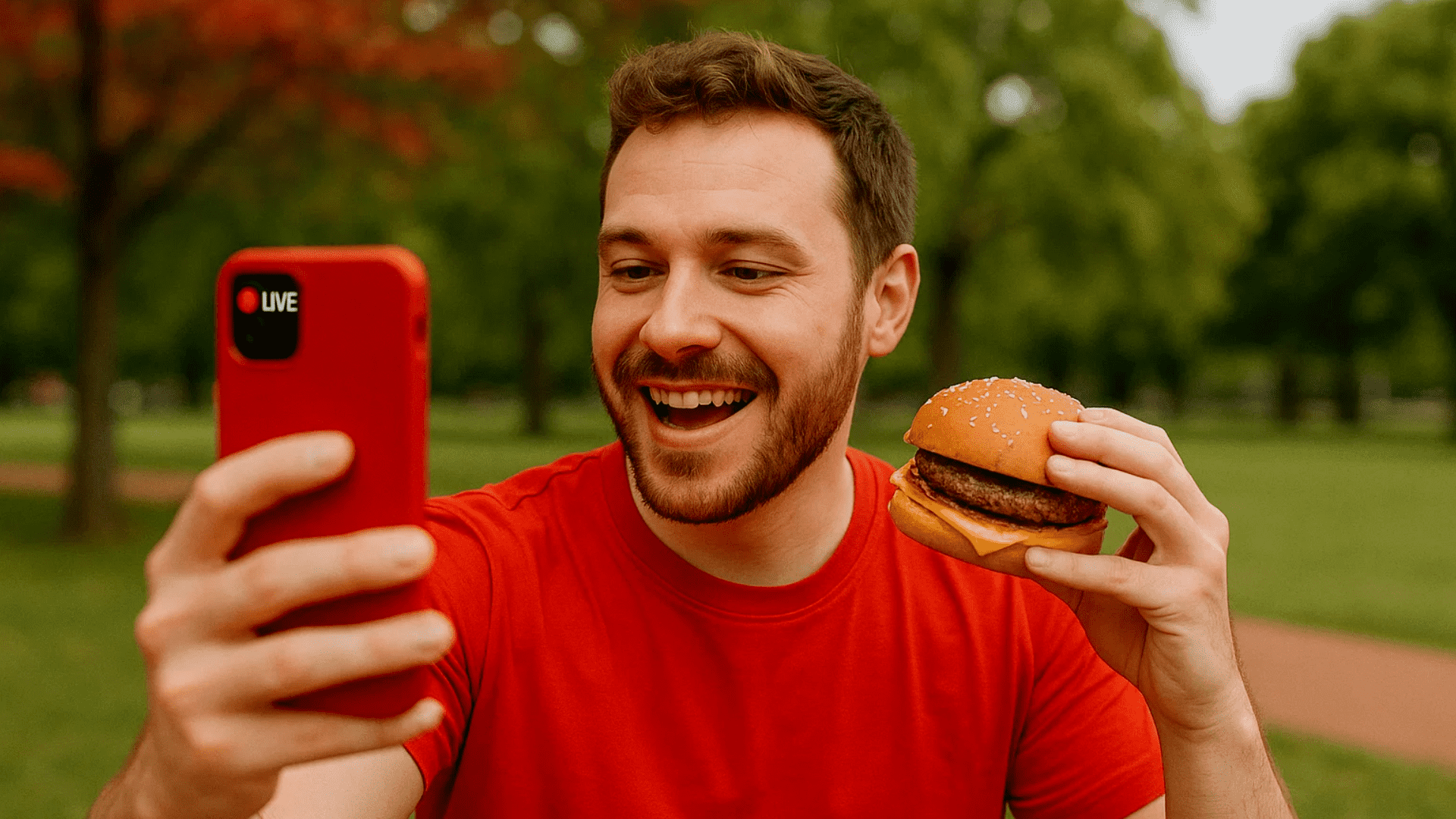 A man filming himself with a hamburger.