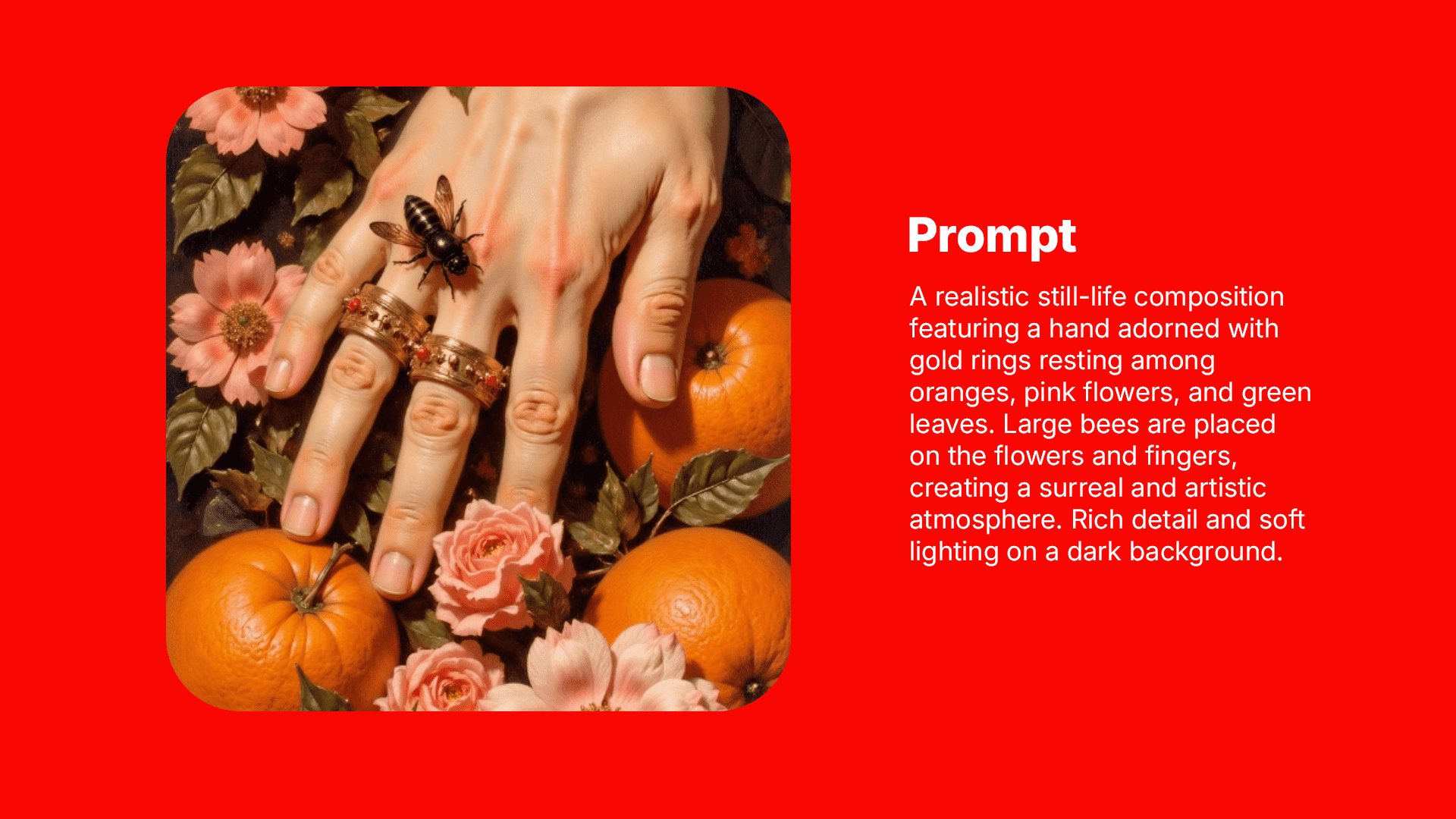 An image of a hand over flowers and fruits with a prompt that generated it.