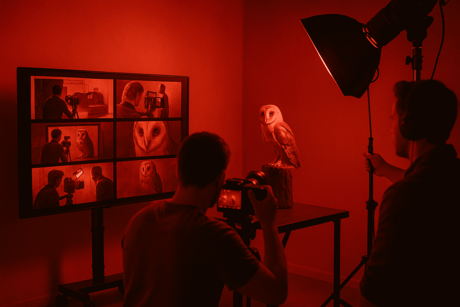 Film crew in red-lit studio films a barn owl on a stand with storyboard reference on a monitor.
